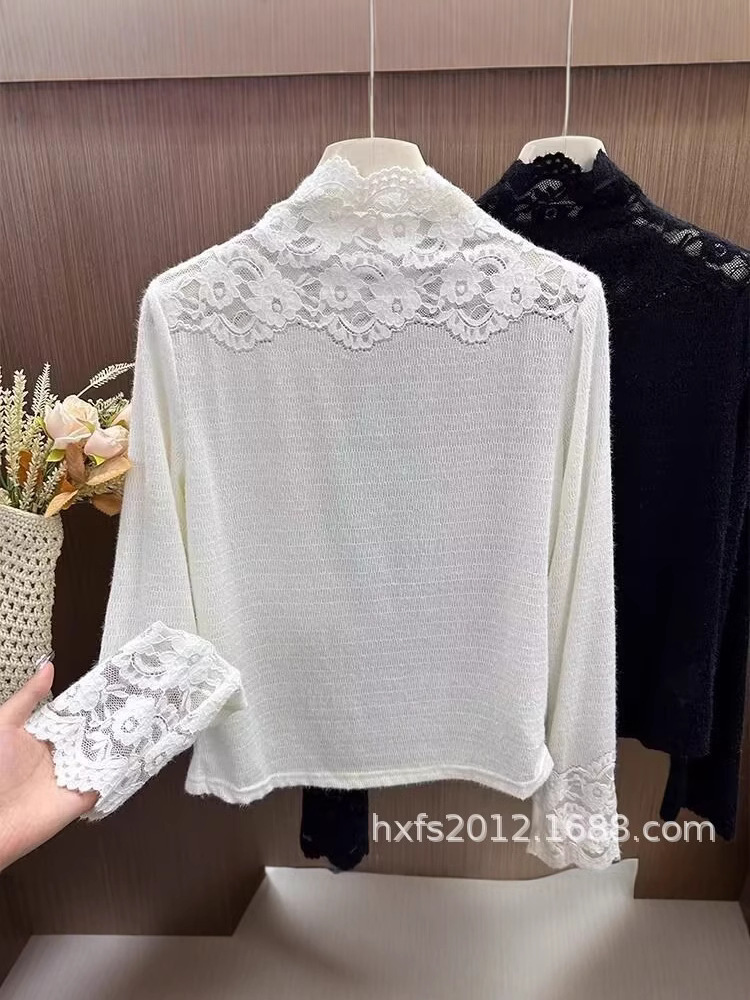 韓国系の高襟レースのフックの花の底のシャツの女性の秋冬の高級感は純色の中で名媛の風のネットの紗の上着のファッションを配合します。
