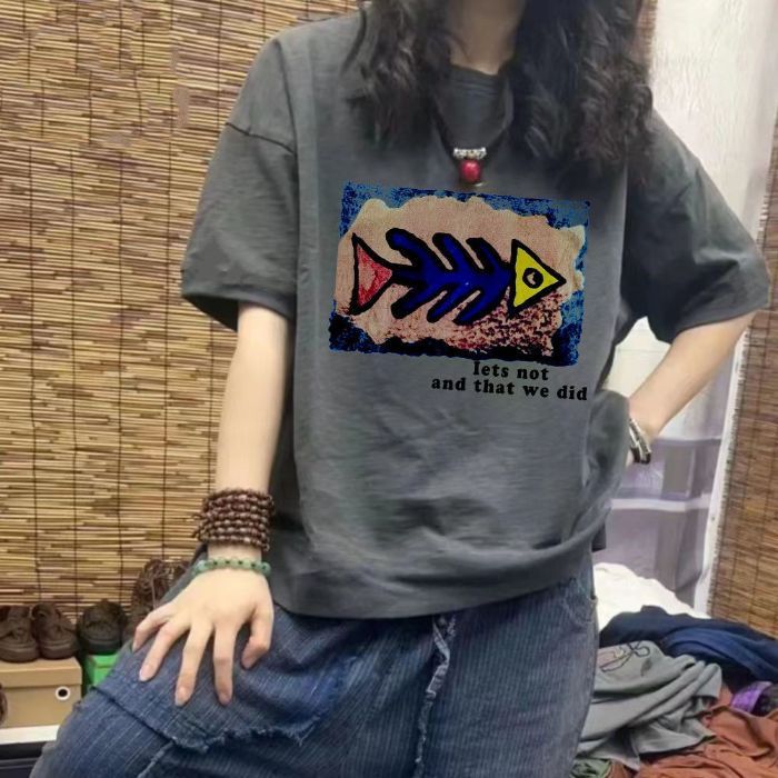 2025文芸プリントのシンプルなアニメtシャツ女性半袖夏の新型百合はゆったりしていて、着痩せしています。|undefined