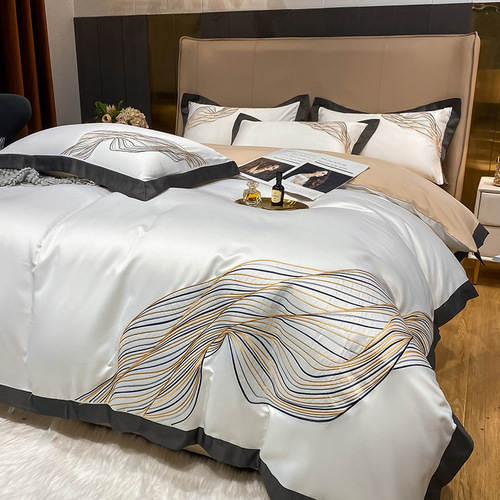 2024 new solid color embroidery European palace style four-piece set of cotton bed sheets four-piece set of washed silk pure cotton gift