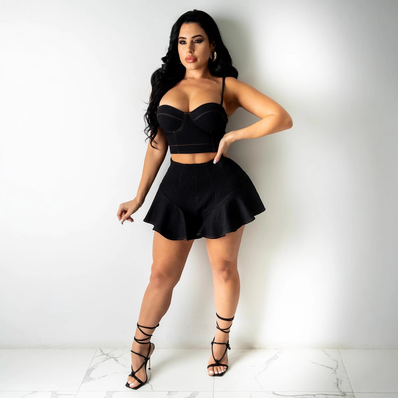 YZ1266 European and American Cross-border Women's Clothing Amazon Fashion Casual Strap Wrapped Chest Skirt Pants Movable Buckle Cowboy Two-piece Set