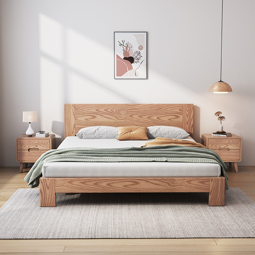 北欧实木床轻奢风双人床ins网红款1.8米主卧床原木床白蜡木实木床