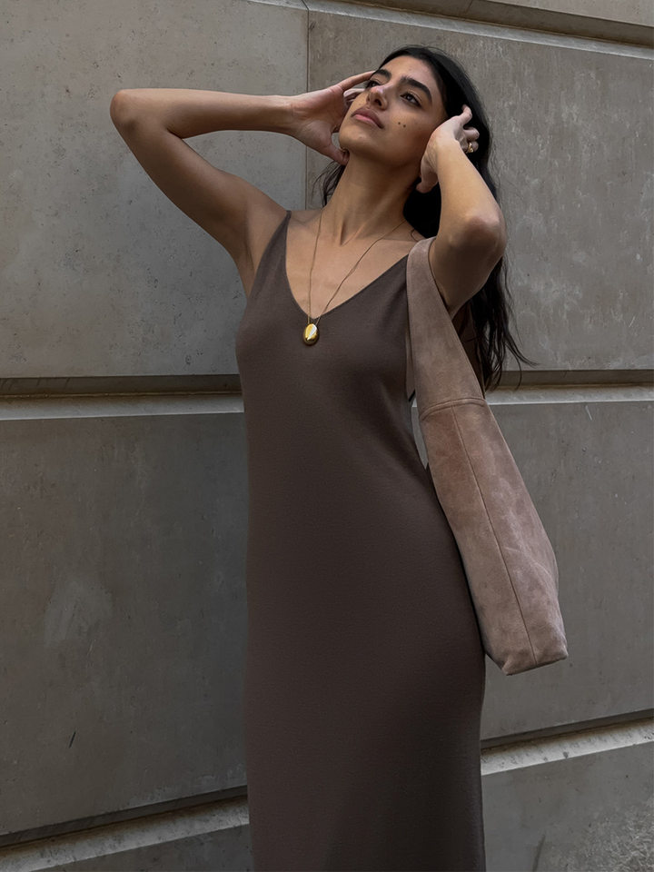 Bộ đầm dài kèm áo cardigan dệt kim dài tay nữ — Màu cà phê đậm, Màu hồng, Màu trắng, Màu xám chi tiết 116