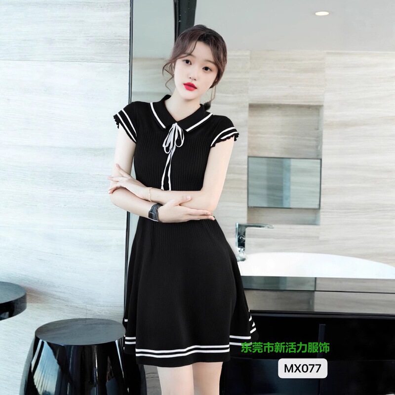 2025 Spring and Summer New French Style New College Navy Style Flying Sleeves Soft Waxy Knitted Fashion Dress
