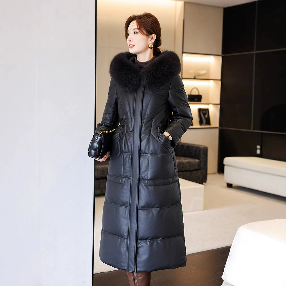 Haining натуральный кожаный пуховик женский 2024 зимний новый стройный высококачественный пуховик из овчины длинный колено