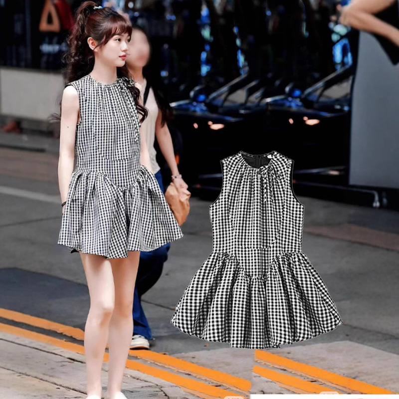 Tian Xiwei's Same Style Black and White Floral Plaid Sleeveless Puffy Short Babydoll Dress Youthful Age-Reducing Dress