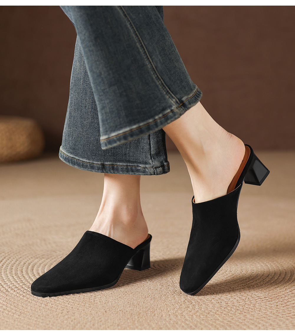 Sandal cao gót nữ mũi vuông da lộn, gót 7 cm, kiểu dáng nửa kéo — đen chi tiết 15