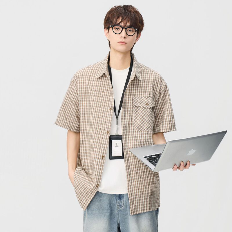 Cross-Border Plaid Shirt Men's Summer New Japanese Retro Style Versatile Casual Trendy Youth Shirt Jacket Cross-Border Plaid Shirt Men's Summer New Japanese Retro Style Versatile Casual Trendy Youth Shirt Jacket