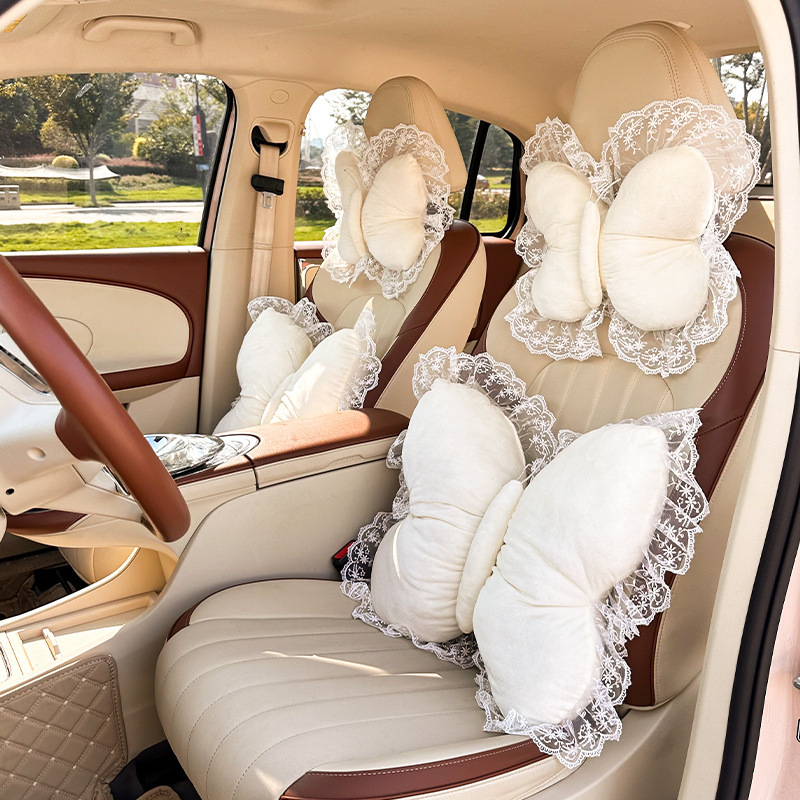 Creative Bow Car Headrest and Waist Support Cross-Border New Product Car Cushion Neck Pillow Plush Car Waist Support Cushion