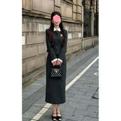 香风灰色加棉外套长裙套装两件套2025秋冬纯色拼接纽扣