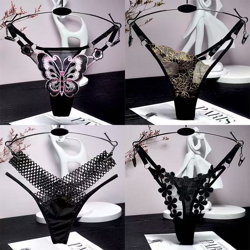 Cross-border European and American style lace-up ice silk panties women's fashion see-through low-waisted thin strap seductive sexy thong panties