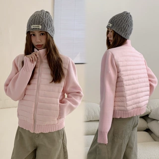欧洲站新款针织拼接休闲羽绒棉服女短轻便保暖时髦修身羽绒棉外套