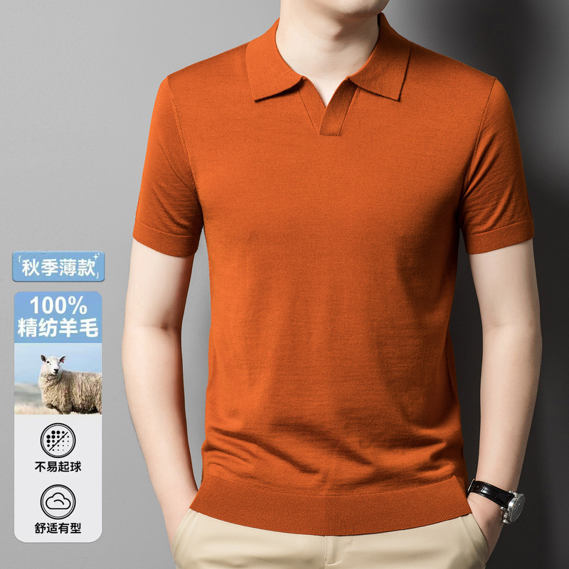 Men's Short-Sleeved Cardigan Spring and Summer Seagull Collar 100% Pure Wool Half-Sleeved Polo Shirt Thin T-Shirt Men's Top