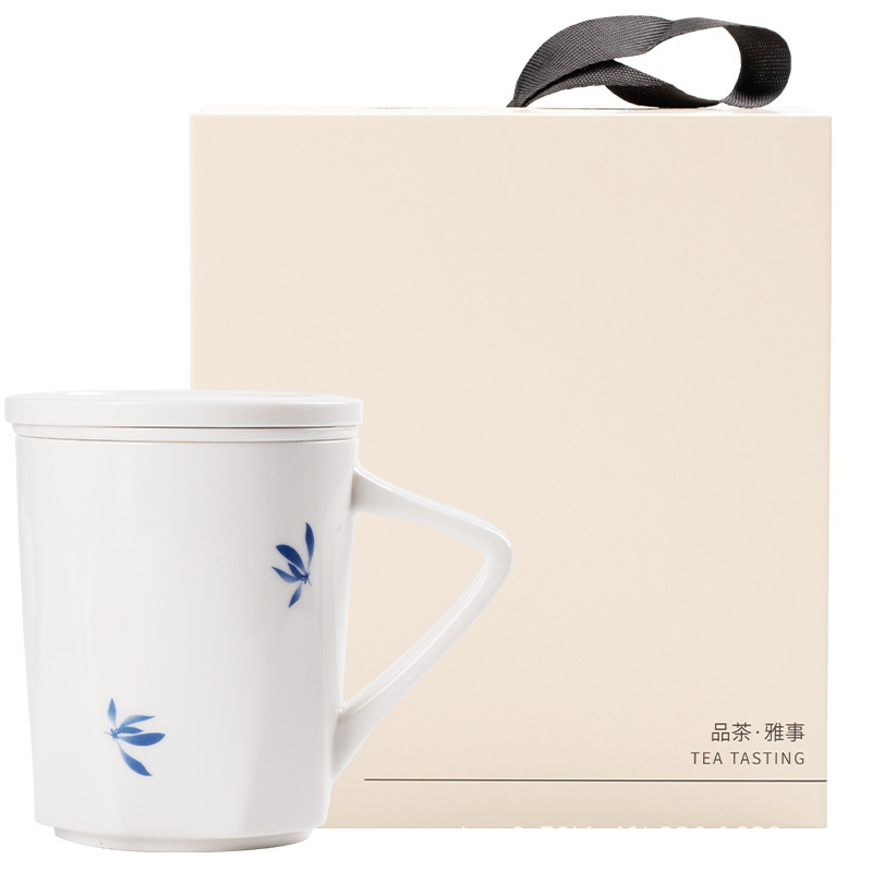 青花蝴蝶兰陶瓷茶水分离杯简约个人专用带盖过滤家用办公室泡茶杯|undefined