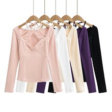 2025春新款辣妹蕾丝挂脖修身长袖打底衫女花边V领纯色T恤上衣批发