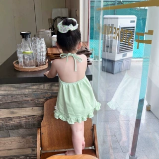 2026夏季新款 韩版童装 女童多巴胺挂脖荷叶边露背裙沙滩裙吊带裙
