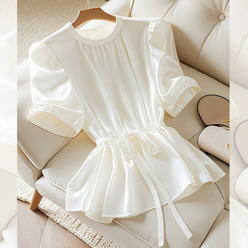 Satin Lace-Up Waist-Cinching Short-Sleeved Shirt for Women in Summer, New Style, Chic and Beautiful Shirt, High-End Fashionable Top Satin Lace-Up Waist-Cinching Short-Sleeved Shirt for Women in Summer, New Style, Chic and Beautiful Shirt, High-End Fashionable Top