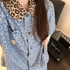 高級ハローキティヒョウ柄半袖パジャマ女性用夏ネットセレブスタイルアイスシルクホーム服大きいサイズスーツトレンディ
