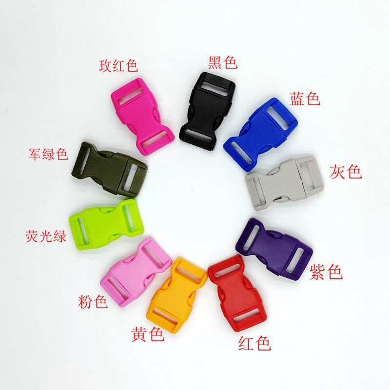 Venta al por mayor DIY color hebilla suministro 1,5 cm hebilla de plástico paraguas cuerda pulsera tejida accesorios de equipaje