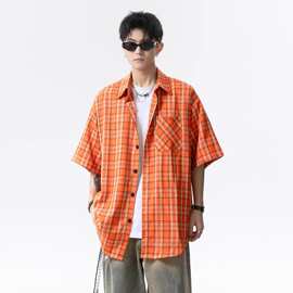 厂货直供 橘色格子短袖衬衫男2025夏宽松休闲cityboy日系衬衣外套