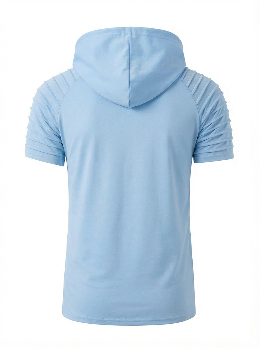 Men's Hooded Polo Shirt With Drawstring And Pleated Sleeves_voghion.com