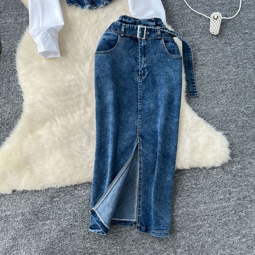 Set: Korean Style Fashion Patchwork Pseudo Two-Piece Long-Sleeve Shirt for Women, Belted Denim Skirt, Two-Piece Set