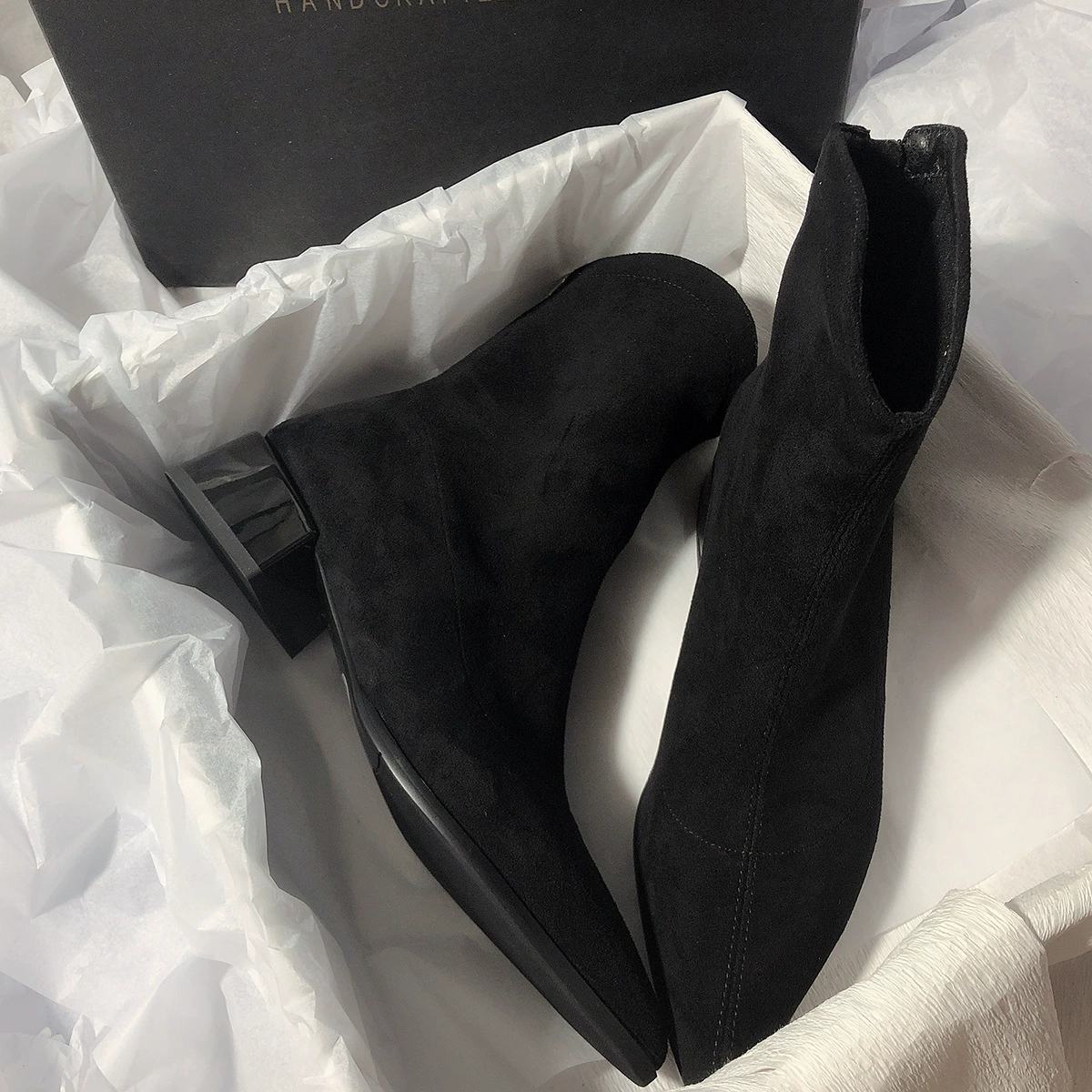 Demi-season elastic high low boots pointy toe