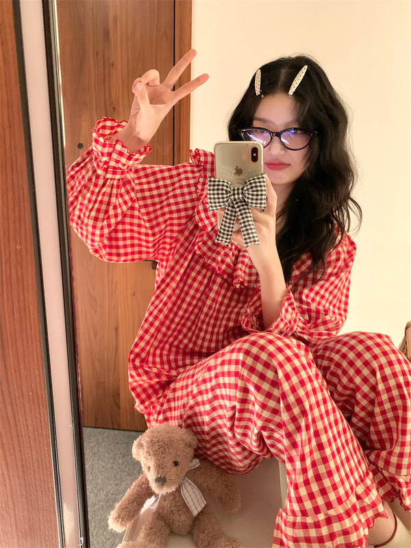 Real Shot New Year's Christmas Red Plaid Embroidered Girl's Home Wear Pajamas Set