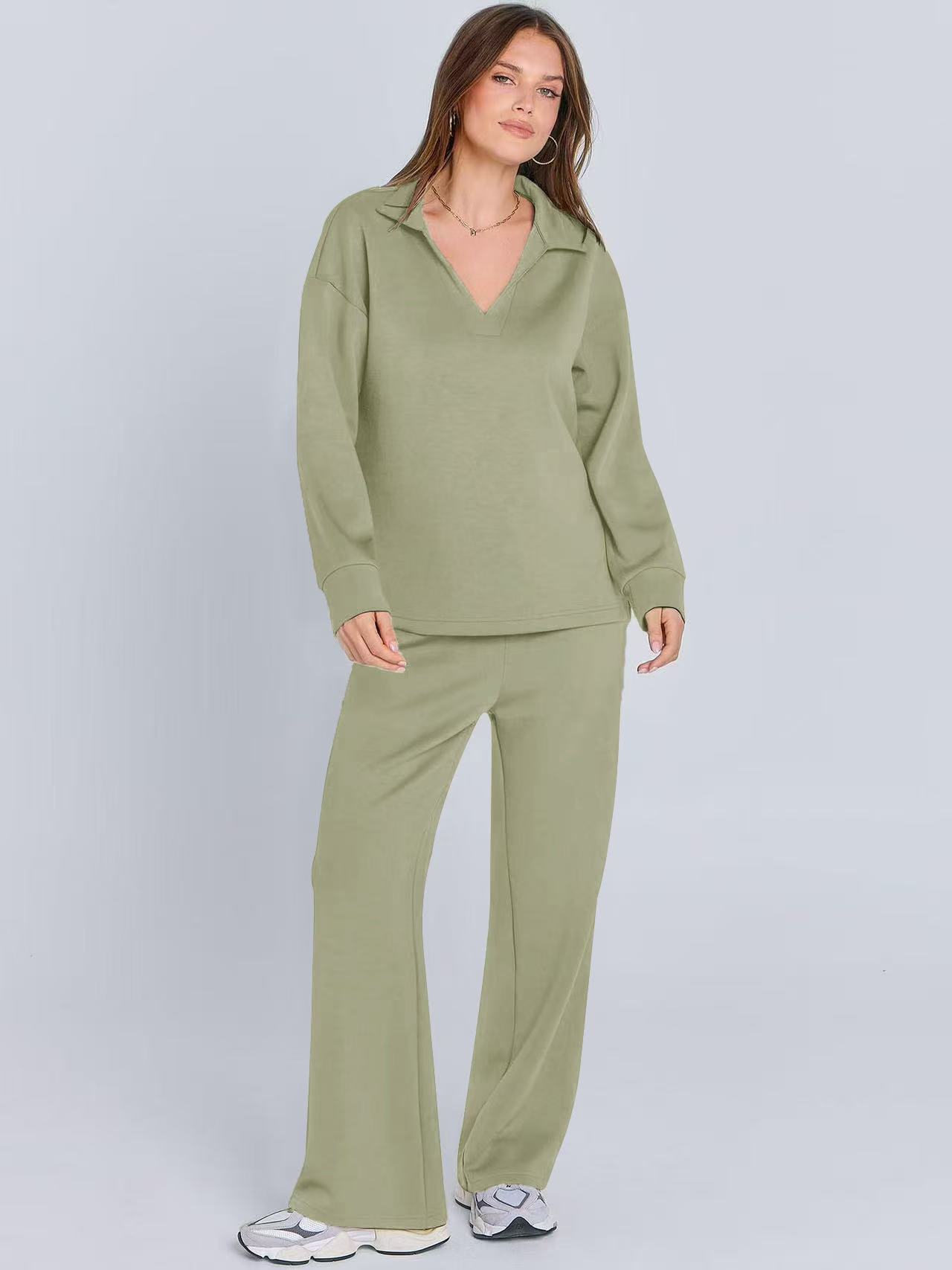 European and American Amazon Casual and Comfortable Long-Sleeved Loose Jogging Home Clothes V Neck Knitted Two-Piece Women's Suit