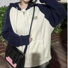 加绒撞色拼接开衫连帽卫衣女冬季oversize宽松学生慵懒风显瘦外套
