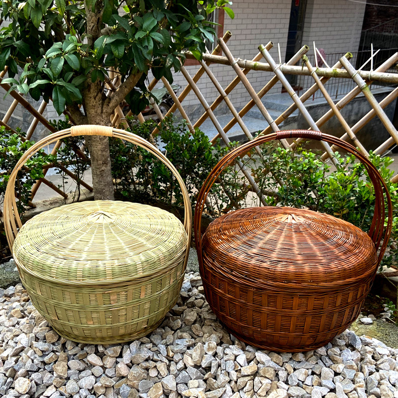 Cestas de bambú tejidas a mano al por mayor canasta de bodas canasta antiguo bambú tejido huevo canasta de almacenamiento de frutas con tapa