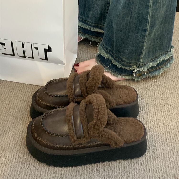 Thick-Soled Birkenstock-Style Women's Outdoor Furry Slippers 2026 New Spring and Summer Plush Snow Boots Closed-Toe Half Slippers Cotton Slippers