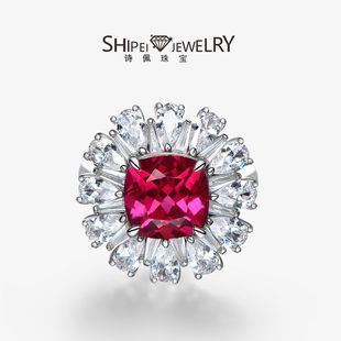 Shipei Jewelry 2025 New Sterling Silver 3Ct Ring Women's Luxurious Surrounding 9*9 Fat Square Cultured Ruby Hot Style