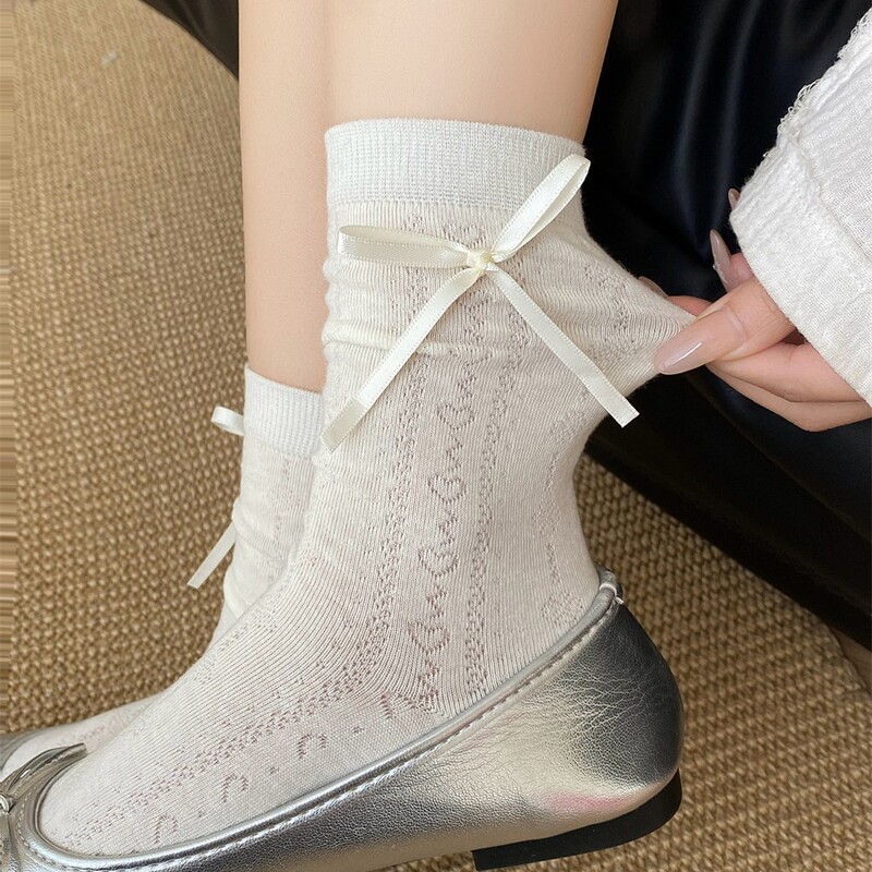 Seamless Spring and Summer Thin Cream-Colored Mesh Socks with Bowknot Ribbons, Slouch Socks, Hollow Tube Socks, Breathable and Not Stuffy for Feet