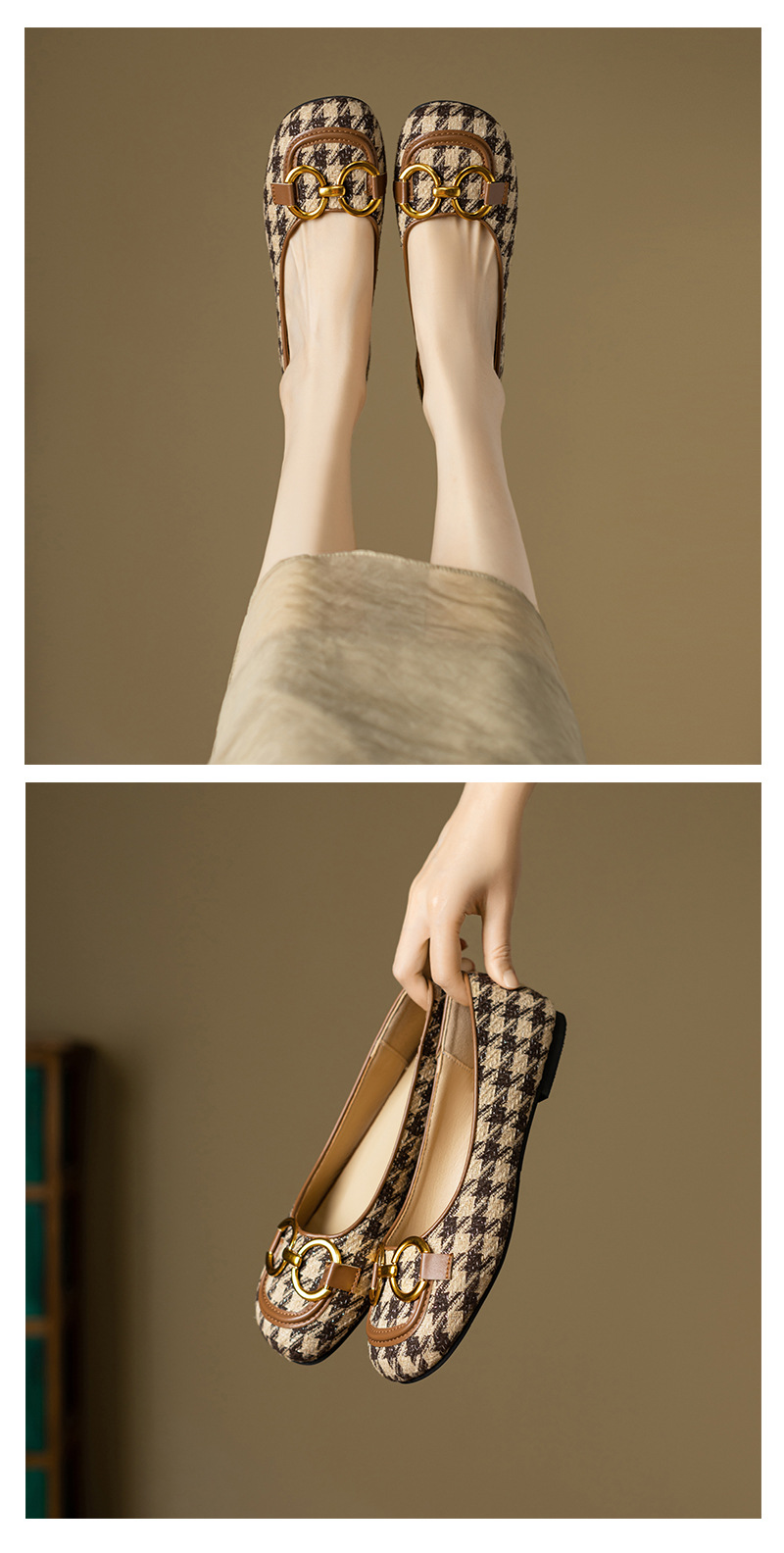 Damen Retro Karo Moccasins Mit Eckiger Kappe Und Schnalle_voghion.com