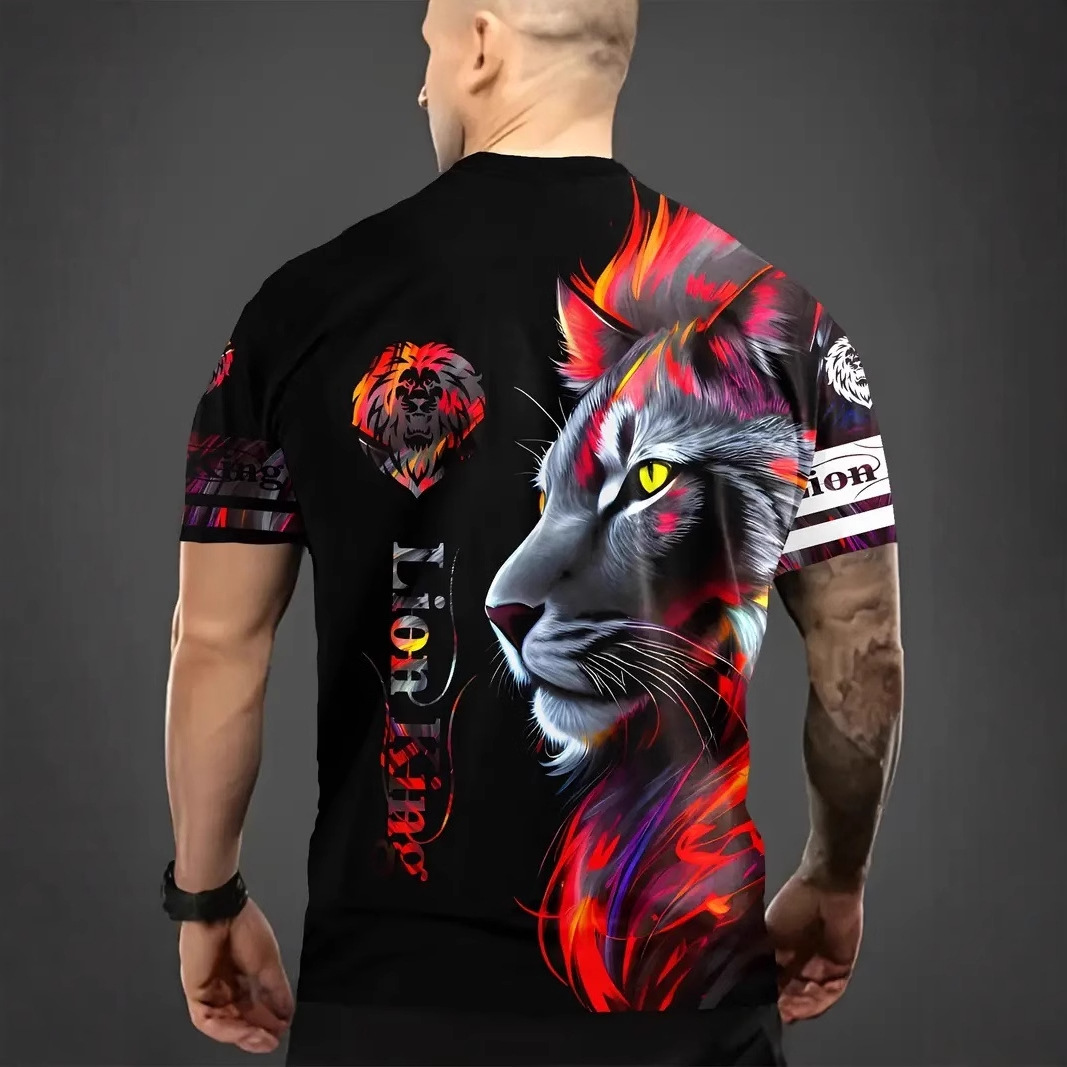 Colorido león KING venta caliente impresión 3D hombre calle suelta transpirable hombro jersey manga corta cuello redondo camiseta