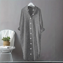 【现货】欧美外贸亚马逊复古宽松棉麻条纹衬衫女中长款外套衬衫裙