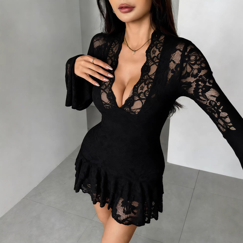 Amazon's 2025 Autumn and Winter New Lace V-Neck Double-Layer Ruffle Slim-Fit Bodycon Dress with a Fashionable and Elegant Vibe