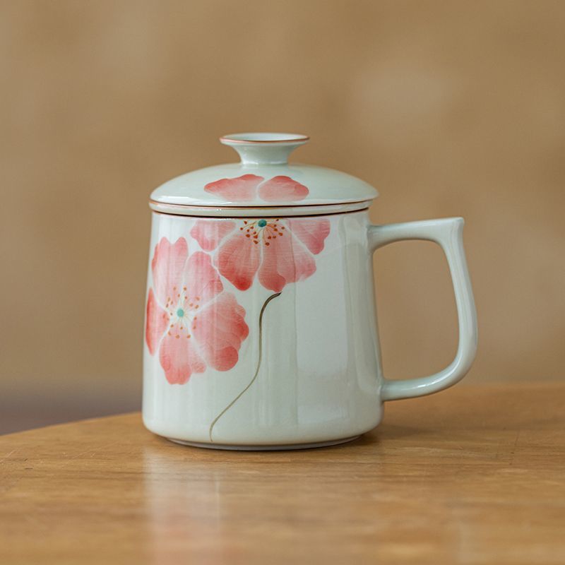 绯韵槿花办公马克杯陶瓷手绘泡茶杯釉下彩个人专用杯子带盖