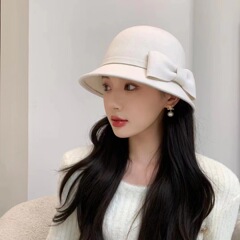 秋冬季羊毛呢蝴蝶結盆帽網紅氣質簡約款小檐漁夫帽名媛優雅水桶帽