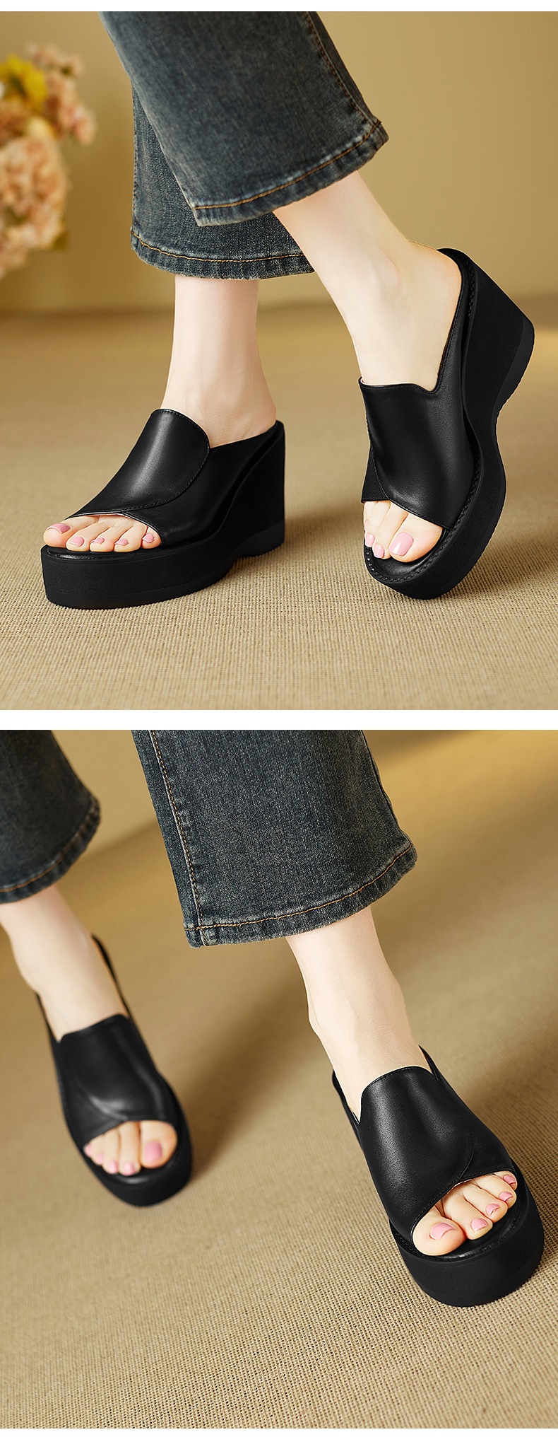 Dép sandal nữ quai chữ V đế xuồng cao gót 9 cm da bò mũi cá — đen chi tiết 7