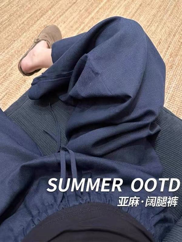 女性用オールインワンウォッシュドテンセルリネンワイドレッグパンツ、夏用薄手ルーズスリムストレートパンツ、レイジーリネンコットンフロアモップパンツ|undefined