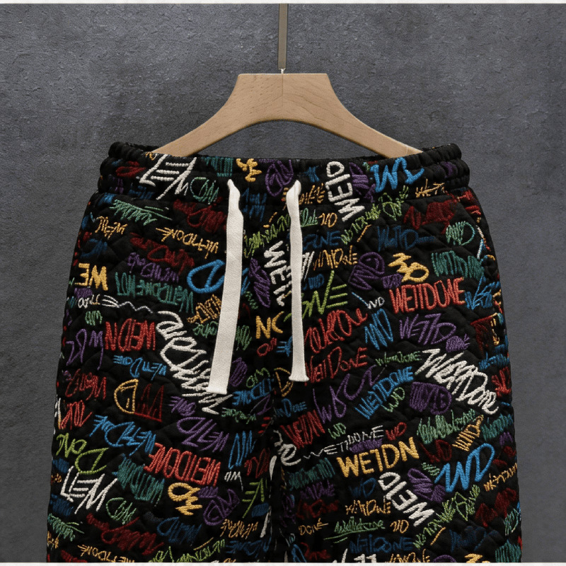 Retro Full Print Graffiti Lettering Men's Summer Shorts, High Street Loose Fit Straight Leg 5-Point Shorts_viptrois.com