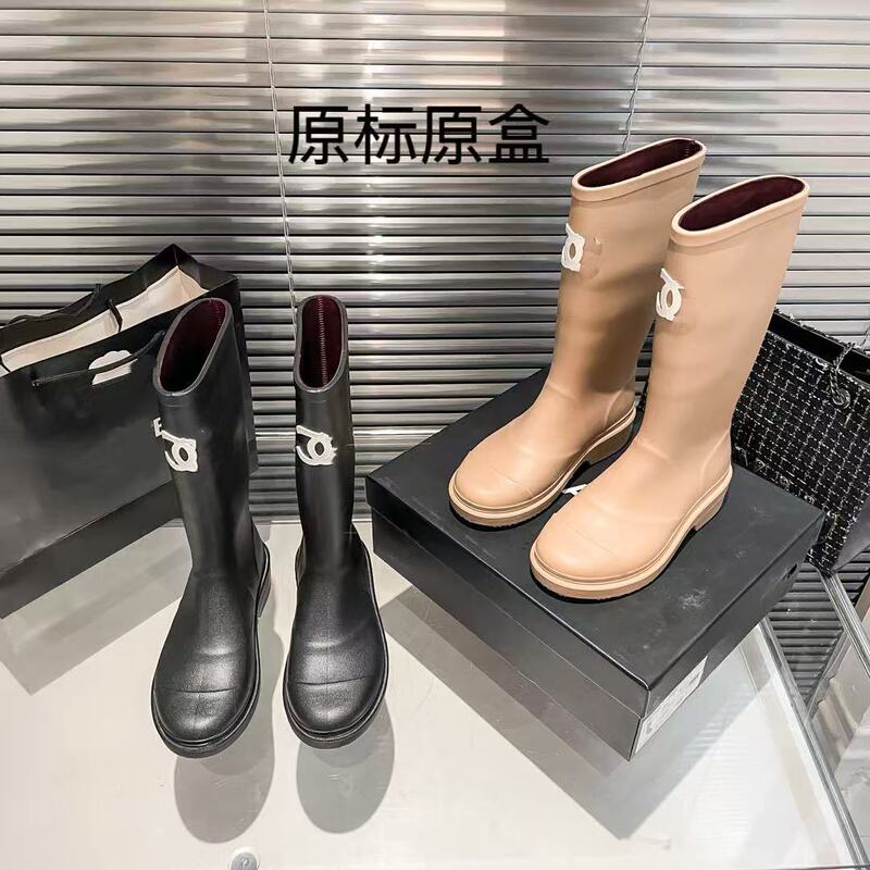 Chanel-Style Knee-High Boots for Women, Mid-Calf, Non-Slip, Flat, Round-Toe, Black Vintage Rain Boots for Women