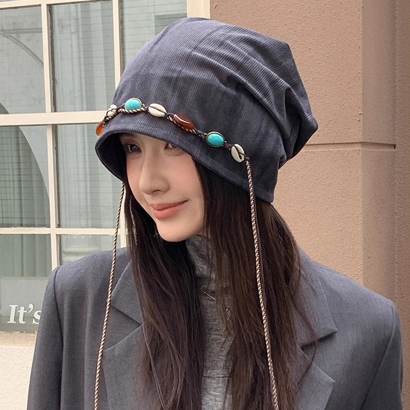 美式扎染流速串珠堆堆帽秋冬新款百搭帽子女显脸小冷帽防风包头帽|undefined