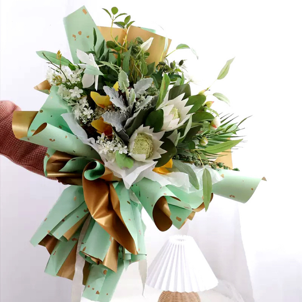 Papel de regalo para ramos de flores Lizhiran, con purpurina dorada, papel dorado de dos tonos, estilo europeo, elegante y resistente al agua.