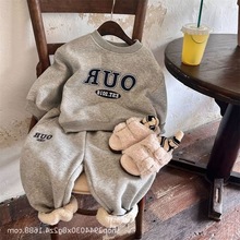 儿童套装2023春秋冬男女童印花字母保暖潮宝加绒加厚our外贸代发