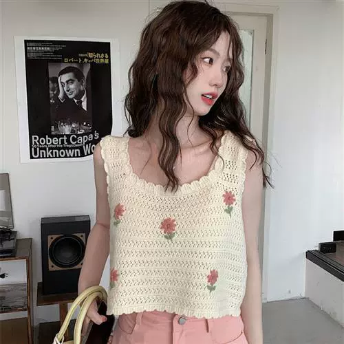 刺绣花朵针织马甲背心女夏季设计感小众外穿内搭宽松短款辣妹上衣