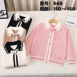 Girls' Cardigan Crew Neck Sweater Autumn Top Long Sleeve Base Shirt Knitted Sweater for Young Children