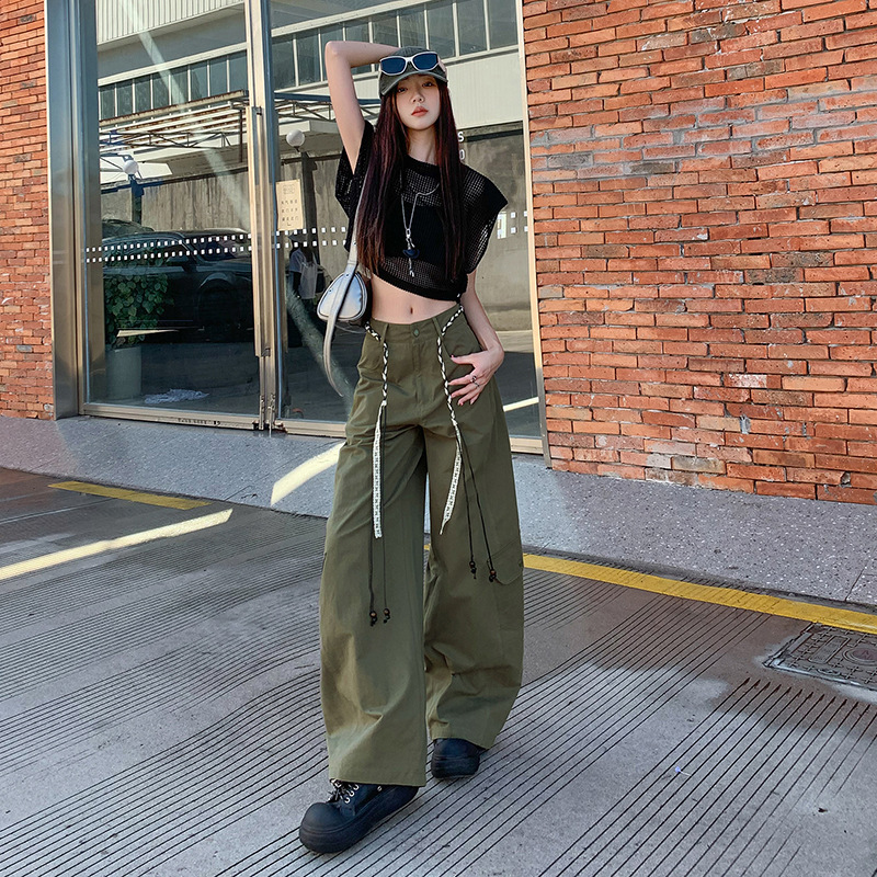 军绿色弯刀裤女2025年秋季新款高腰宽松显瘦美式工装阔腿休闲裤子|undefined