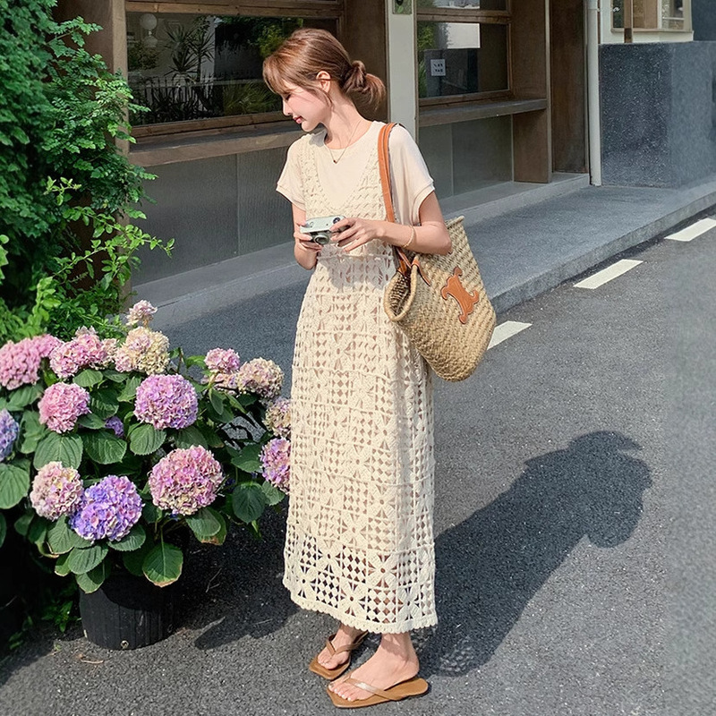 フレンチ中空サスペンダーブラウスドレススーツ女性のための 2025 夏怠惰なスタイルルーズカジュアル Tシャツスカート 2 点セット|undefined